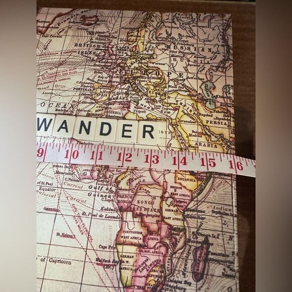 Vintage Style World Map Canvas Art “wander” in scrabble letters - Picture 2 of 3